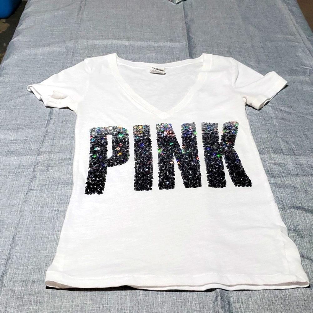 PINK Victoria's Secret White V-Neck Tee with Black Sequin Logo